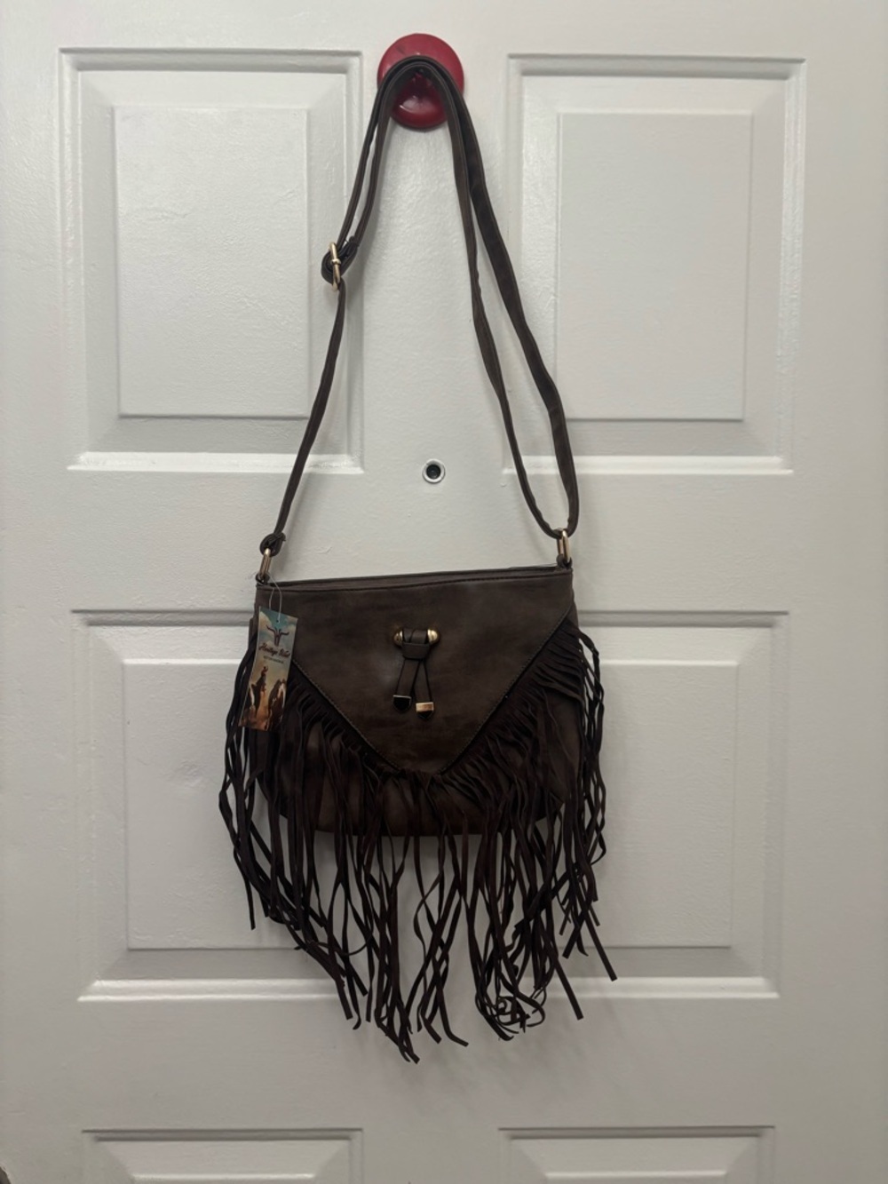 Fringed Brown Suede Crossbody Bag with Adjustable Strap